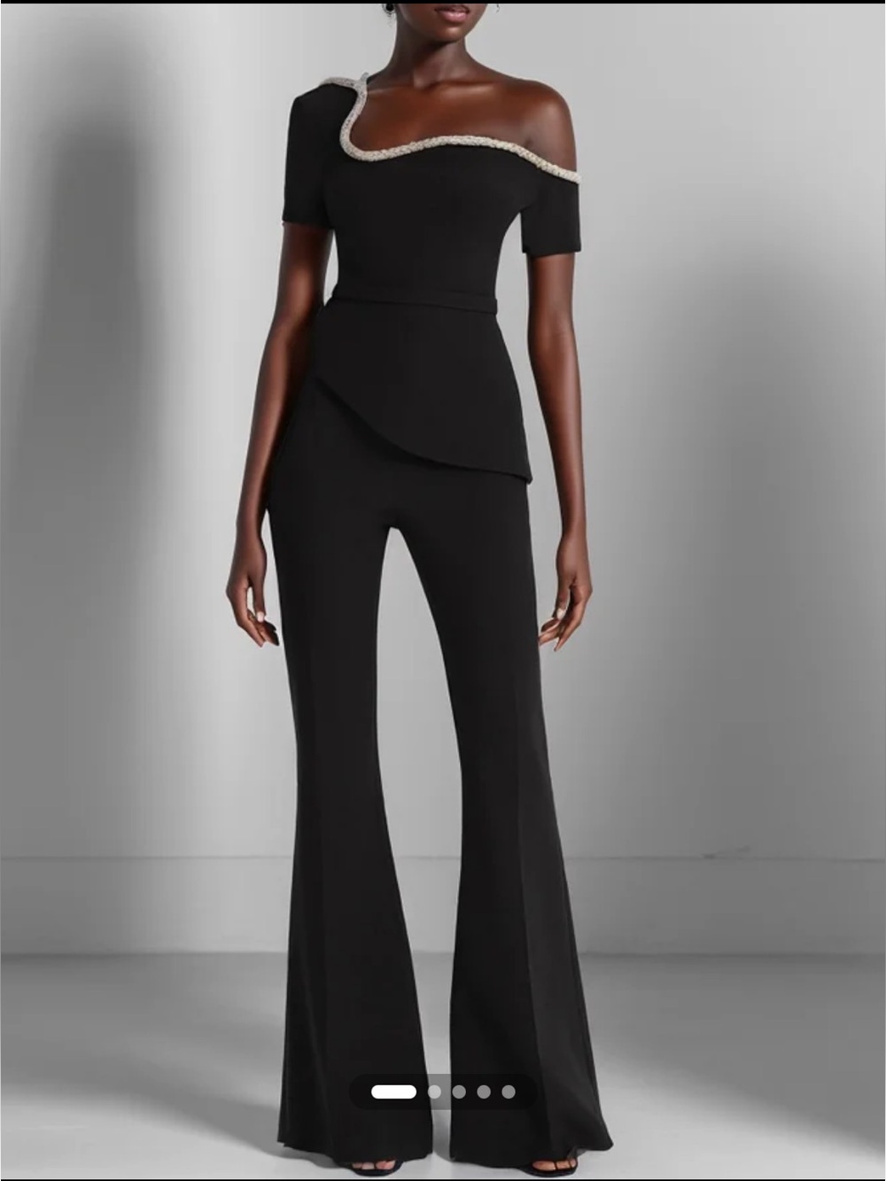 Fehaute Black Asymmetrical Rhinestone Wide Leg Jumpsuit SZ 4 NWT - Picture 1 of 6